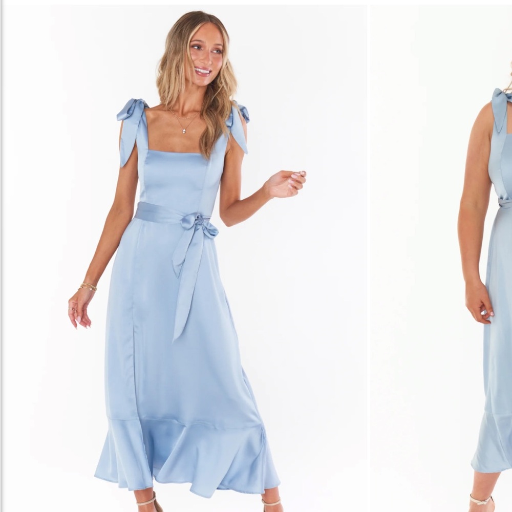 Show Me Your MuMu XS Light Blue Satin Midi Dress with Bows and Ruffle Hem
